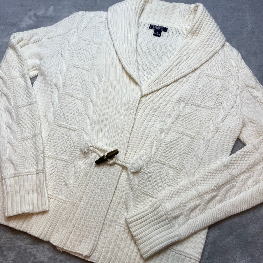 American Living Womens Cableβ Cardigan Sz S Cream Toggle Shawl Collar Sweater